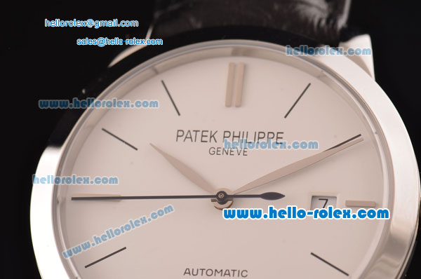 Patek Philippe Calatrava Swiss ETA 2824 Automatic Stainless Steel Case with Black Leather Strap and White Dial Stick Markers - Click Image to Close
